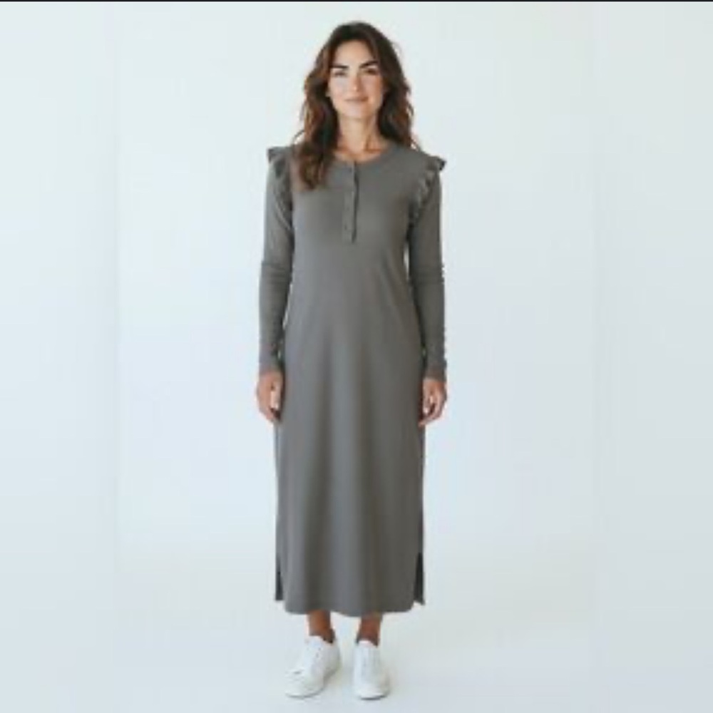 Revolve Z Supply Charcoal Maxi Dress Ruffle Long Sleeve Minimalist Casual NWT - Picture 7 of 7